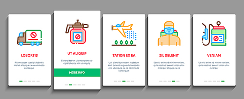 Pesticides Chemical Onboarding Mobile App Page Screen Vector. Pesticides For Agricultural Field Processing By Plane, Bottle Spray And Equipment Concept Linear Pictograms. Color Contour Illustrations