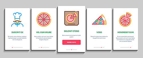 pizza delicious food onboarding mobile app page screen vector. pizza with seafood and , with chicken and cheese, cook and delivery concept linear pictograms. color contour illustrations