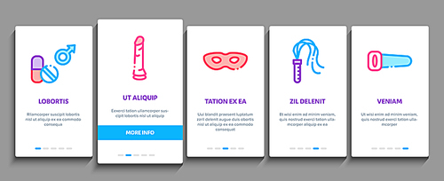 Intim Shop Sex Toys Onboarding Mobile App Page Screen Vector. Intim Shop Building And Internet Web Site, Collar And Handcuffs, Mask And Condom Concept Linear Pictograms. Color Contour Illustrations