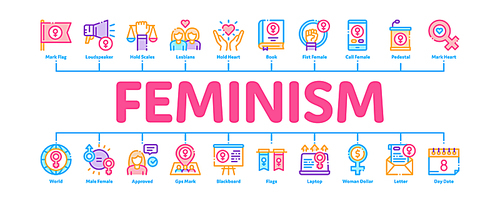 Feminism Woman Power Minimal Infographic Web Banner Vector. Feminism Symbol On Flag And Gps Mark, Lesbians And Hand Hold Scales,  And Love Illustrations