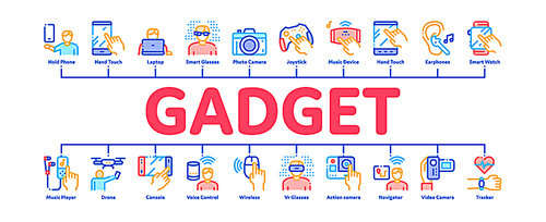 Gadget And Device Minimal Infographic Web Banner Vector. Smartphone And Tablet, Photo And Video Camera, Drone And Play Joystick Gadget Illustrations