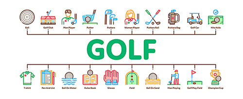 Golf Game Equipment Minimal Infographic Web Banner Vector. Golf Club Building And Putter With Ball, Caddy Car And Field, Player And Champion Cup Illustrations