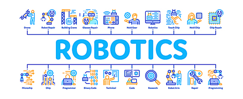 Robotics Master Minimal Infographic Web Banner Vector. Human Worker With Drone And Robot Machine, Robotics Artificial Intelligence And Binary Code Illustrations