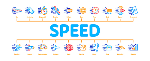 Speed Fast Motion Minimal Infographic Web Banner Vector. Moving At High Speed Car And Air Plane, Rocket And Bullet, Running Human And Horse Illustrations
