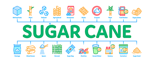 Sugar Cane Agriculture Minimal Infographic Web Banner Vector. Sugar Cubes And Package, Agricultural Harvest, Plant Building And Sweet Water Cup Illustrations