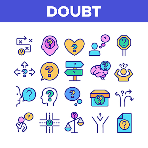Doubt And Confusion Collection Icons Set Vector Thin Line. Doubt Human And Brain, Question Mark In Quote Frame And On Box Concept Linear Pictograms. Color Illustrations