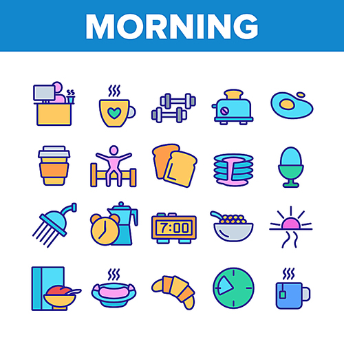 Morning Food And Tools Collection Icons Set Vector Thin Line. Morning Coffee Cup And Breakfast, Douche And Working Place, Sunrise And Clock Concept Linear Pictograms. Color Illustrations