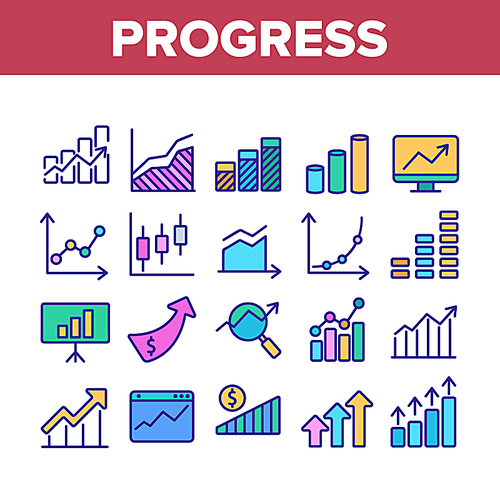 Progress Grow Graphs Collection Icons Set Vector Thin Line. Progress Arrow On Screen Web Site, Magnifier And Dollar Coin Concept Linear Pictograms. Color Illustrations