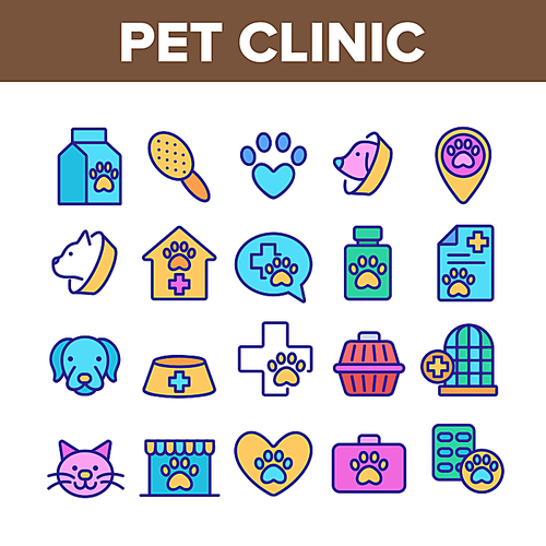 Pet Clinic Veterinary Collection Icons Set Vector Thin Line. Dog Paw On Heart And Medical Cross, Birdcage And Cell, Clinic Equipment Concept Linear Pictograms. Color Contour Illustrations