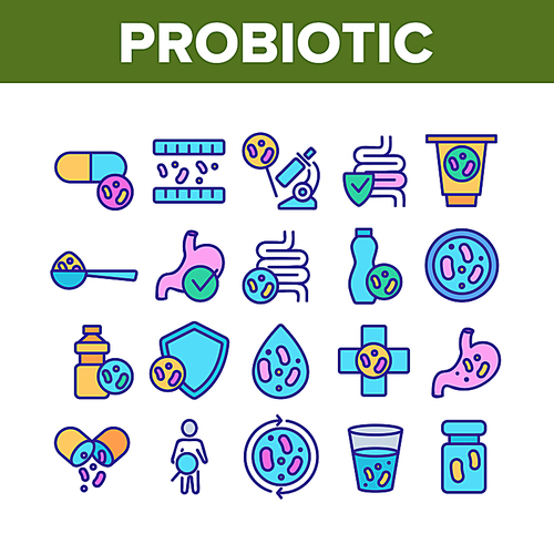 Probiotic Bacteria Collection Icons Set Vector Thin Line. Intestinal Flora And Intestinal, Healthy Yogurt And Intestine, Probiotic Concept Linear Pictograms. Color Contour Illustrations