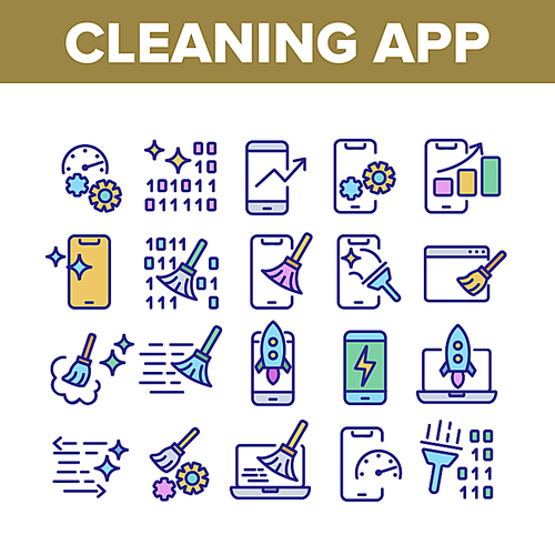 Cleaning Application Collection Icons Set Vector. Binary Code And Rocket On Screen, Mechanism Gear And Broom Cleaning App Concept Linear Pictograms. Color Contour Illustrations