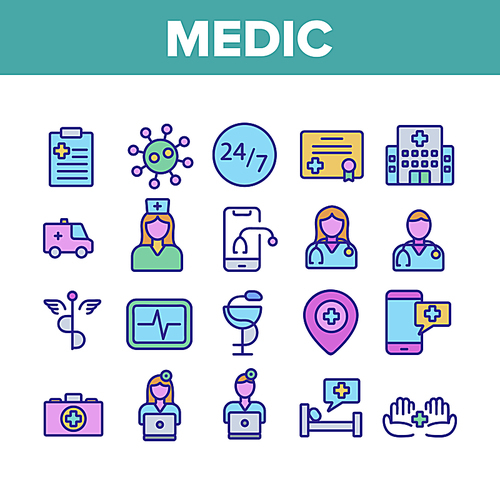 Medic Doctor And Nurse Collection Icons Set Vector. Hospital And Medic Case, Medical Diploma And Document, Virus And Cardiogram Concept Linear Pictograms. Color Contour Illustrations