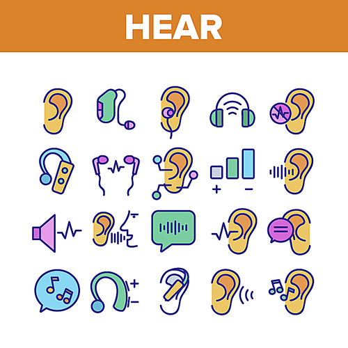 Hear Sound Aid Tool Collection Icons Set Vector Thin Line. Hear Music Earphones And Dynamic, Hearing Device And Volume Button Concept Linear Pictograms. Color Contour Illustrations
