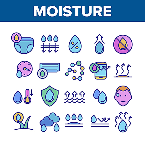 Moisture Water Drop Collection Icons Set Vector Thin Line. Moisture Diaper Air Conditioner, Phone Protection And Rainy Cloud Concept Linear Pictograms. Color Contour Illustrations