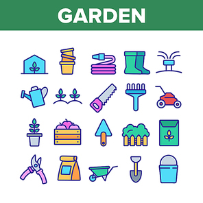 Garden Farming Tool Collection Icons Set Vector Thin Line. Boots And Saw, Fork And Shovel, Shears And Bucket, Garden Equipment Concept Linear Pictograms. Color Contour Illustrations