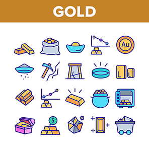 Gold Jewelry Metal Collection Icons Set Vector Thin Line. Safe With Golden Bars, Mining Gold, Bag And Vat With Coin, Mine Cart And Pick Concept Linear Pictograms. Color Contour Illustrations