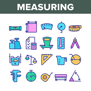 Measuring Equipment Collection Icons Set Vector Thin Line. Measuring Compass And Thermometer, Ruler And Scale, Tape Measure And Size Concept Linear Pictograms. Color Contour Illustrations