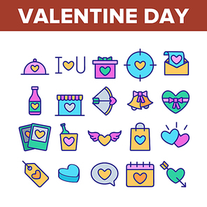 Valentine Day Romantic Collection Icons Set Vector Thin Line. Heart With Wings And On Calendar, Love Letter And Bottle Valentine Day Concept Linear Pictograms. Color Contour Illustrations