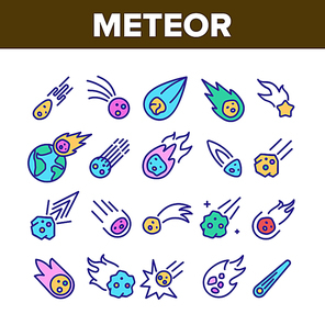 Meteor Cosmic Body Collection Icons Set Vector Thin Line. Space Meteor, Asteroid With Flame Tail, Burning Comet Flying On Earth Concept Linear Pictograms. Color Contour Illustrations