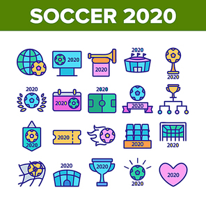 Soccer Champion 2020 Collection Icons Set Vector Thin Line. Football World Champion 2020 Goblet, Game Equipment Ball And Gate Concept Linear Pictograms. Color Contour Illustrations