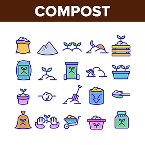 Compost Ground Soil Collection Icons Set Vector. Agricultural Organic Compost In Bag And Cart, Growing Plant In Pot And Worm Concept Linear Pictograms. Color Contour Illustrations