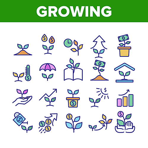 Growing Money Plant Collection Icons Set Vector. Growing Leaves Tree With Banknote And Graphic Arrow, Hands Holding Branch Concept Linear Pictograms. Color Contour Illustrations