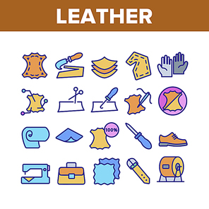 Leather Cloth Material Collection Icons Set Vector. Leather Shoe And Bag, Belt And Gloves, Knife And Scissors, Sewed Needle With Thread Concept Linear Pictograms. Color Contour Illustrations