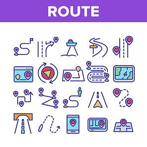 Route Gps Navigator Collection Icons Set Vector. Route Direction, Electronic Map Car Device And Phone App, Navigation Position And Pin Concept Linear Pictograms. Color Contour Illustrations