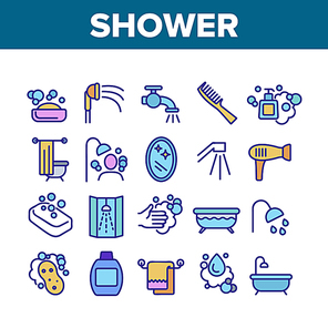 Shower Bathroom Tool Collection Icons Set Vector. Shower Water Drop And Bath, Mirror And Towel, Soap With Bubbles And Shampoo Concept Linear Pictograms. Color Contour Illustrations