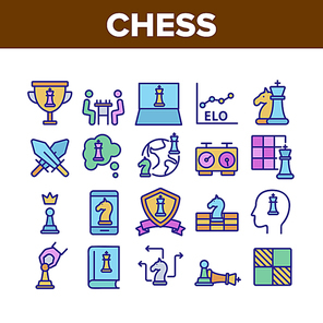 Chess Strategy Game Collection Icons Set Vector Thin Line. Chess King And Queen, Horse And Piece, Clock And Book, Desk And Championship Cup Concept Linear Pictograms. Color Contour Illustrations