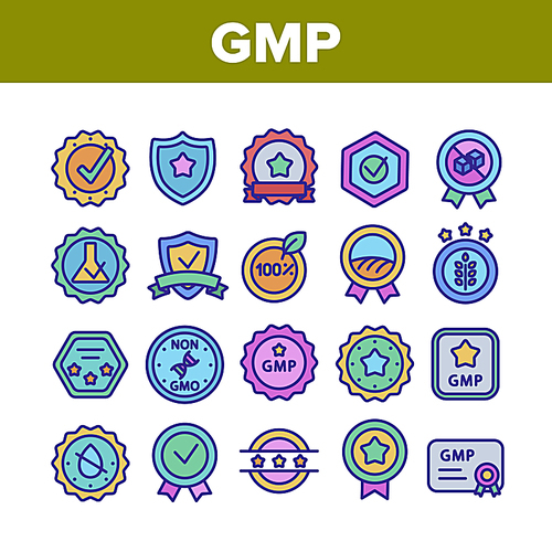 Gmp Certified Mark Collection Icons Set Vector Thin Line. Gmp Good Manufacturing Practice In Form Shield And Medal, Check Signs And Star Concept Linear Pictograms. Color Contour Illustrations