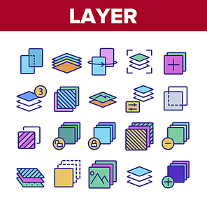 Layer Protect Material Collection Icons Set Vector Thin Line. Coating And Cover, Thickness And Stratum Layer, Picture And Padlock Concept Linear Pictograms. Color Contour Illustrations
