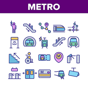 Metro Underground Collection Icons Set Vector Thin Line. Metro Train And Equipment, Ticket And Card, Door And Video Camera, Escalator And Turnstile Pictograms. Color Contour Illustrations