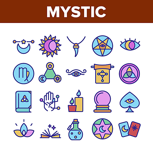 Mystic Symbol Tool Collection Icons Set Vector Thin Line. Mystic Esoteric Eye And Amulet, Candle And Cards, Potion And Crystal Ball Concept Linear Pictograms. Color Contour Illustrations