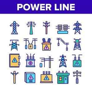 Power Line Electricity Collection Icons Set Vector. Power Line Tower And Electric Wire Cord, Transformer And Lightning Mark Concept Linear Pictograms. Color Illustrations