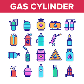 Gas Cylinder Equipment Collection Icons Set Vector Thin Line. Gas Cylinder, Container With Flame Mark, Burner Canister With Burn Concept Linear Pictograms. Color Illustrations