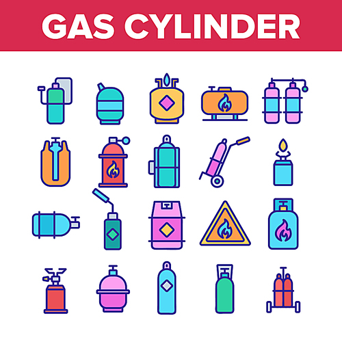 Gas Cylinder Equipment Collection Icons Set Vector Thin Line. Gas Cylinder, Container With Flame Mark, Burner Canister With Burn Concept Linear Pictograms. Color Illustrations