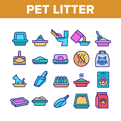 Pet Litter Accessory Collection Icons Set Vector Thin Line. Cat In Pet Litter, Animal Footprint On Bag With Granules, Scoop Concept Linear Pictograms. Color Illustrations