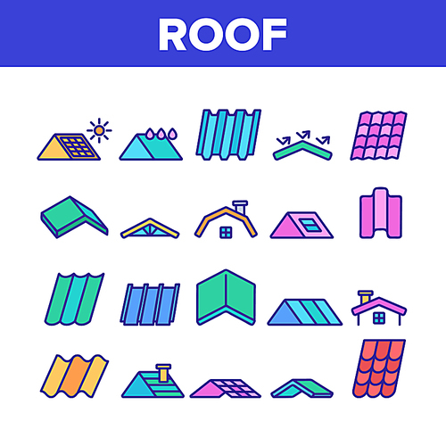 Roof Construction Collection Icons Set Vector Thin Line. Sun Solar Battery On House Roof, Metallic And Tile Roofing Material On Building Top Concept Linear Pictograms. Color Illustrations