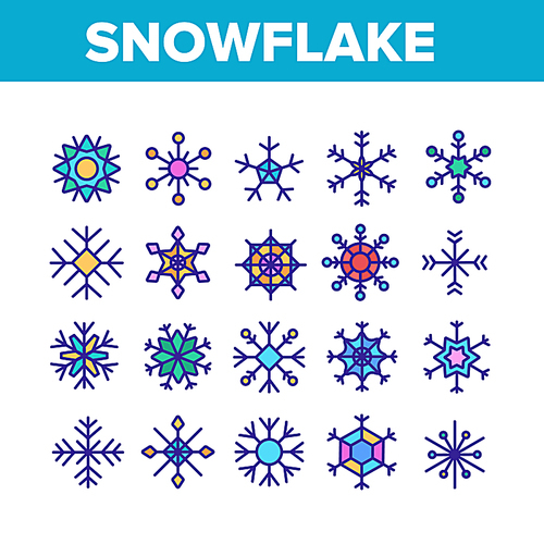 Snowflake Tracery Collection Icons Set Vector Thin Line. Beautiful Decorative Frozen Winter Snowflake In Different Shape Concept Linear Pictograms. Color Illustrations