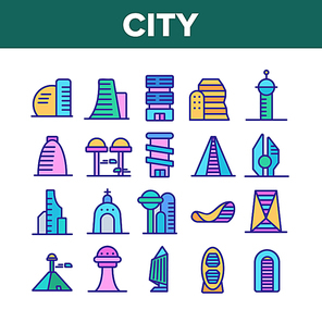 City Modern Building Collection Icons Set Vector Thin Line. Church And Tower, Skyscraper And Pyramid City Urban Constructions Concept Linear Pictograms. Color Contour Illustrations