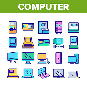 Computer Equipment Collection Icons Set Vector Thin Line. Vintage Computer, Modern Laptop And Monitor Screen Electronic Device Concept Linear Pictograms. Color Contour Illustrations