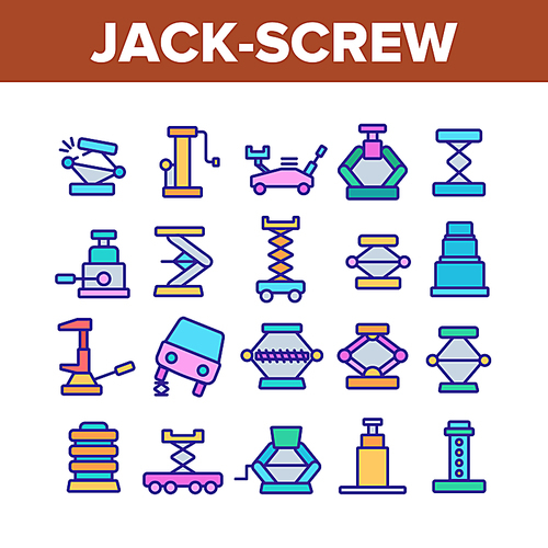 Jack-screw Equipment Collection Icons Set Vector Thin Line. Mechanical, Hydraulic And Air Car Jack-screw, Service Tool For Repair Wheel Concept Linear Pictograms. Color Contour Illustrations