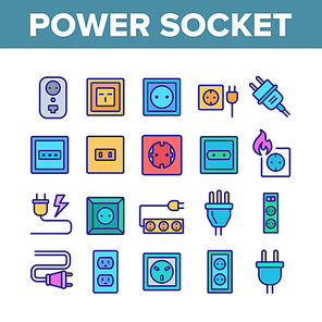 Electric Power Socket Collection Icons Set Vector Thin Line. Electrical Socket, Rosette And Cord Cable, Lightning And Flame Concept Linear Pictograms. Color Contour Illustrations