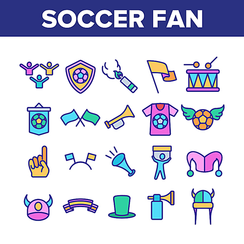 Soccer Fan Equipment Collection Icons Set Vector Thin Line. Soccer Ball With Wings And Shield, Flags And Ribbons, T-shirt And Drum Concept Linear Pictograms. Color Contour Illustrations