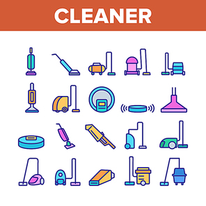 Vacuum Cleaner Device Collection Icons Set Vector Thin Line. Industrial And Household, Handheld And Robotic, Canister Cleaner Home Appliance Concept Linear Pictograms. Color Contour Illustrations
