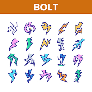 Bolt Lightning Flash Collection Icons Set Vector Thin Line. Electric Thunderbolt And Dangerous Lighting Bolt In Different Form Concept Linear Pictograms. Color Contour Illustrations