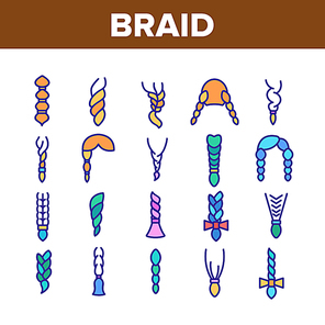 Braid Bread Hairstyles Collection Icons Set Vector Thin Line. Long Female Braid, Braided Hair Style With Bow-knot, Fashion Pigtail Concept Linear Pictograms. Color Contour Illustrations