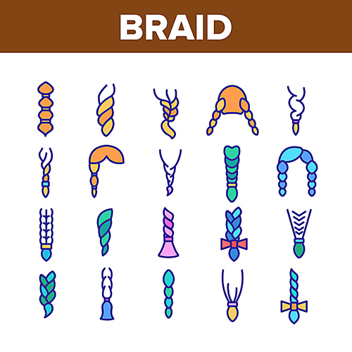 Braid Bread Hairstyles Collection Icons Set Vector Thin Line. Long Female Braid, Braided Hair Style With Bow-knot, Fashion Pigtail Concept Linear Pictograms. Color Contour Illustrations