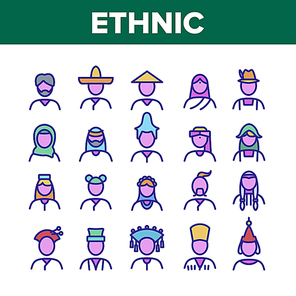 Ethnic World People Collection Icons Set Vector. Chinese And Indian, Cossack And Kazakh, Indian And Japanese, Georgian And Arab Ethnic Human Concept Linear Pictograms. Color Contour Illustrations